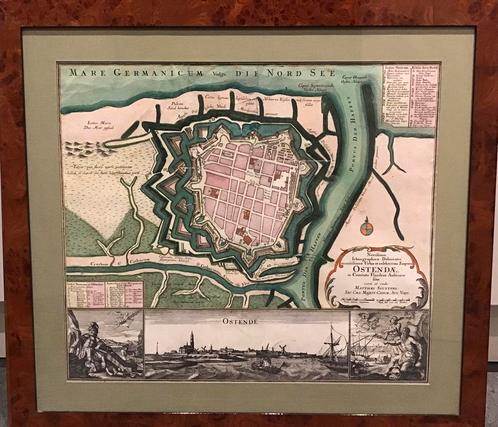 18de eeuwse kaart Oostende in kader, Antiek en Kunst, Kunst | Etsen en Gravures, Ophalen of Verzenden
