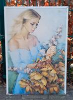 Vintage portretschilderij droevige vrouw boeket 44/65 cm, Antiek en Kunst, Ophalen of Verzenden