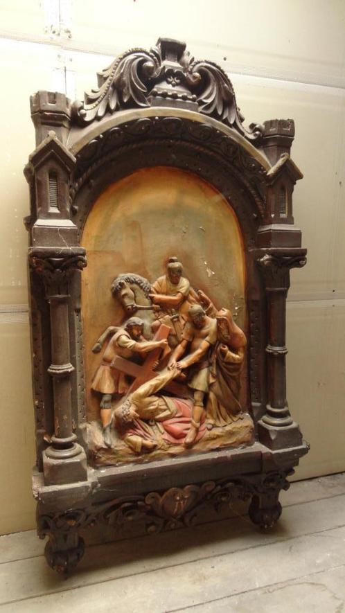 Groot tafereel uit kruisweg  eind 19de begin 20ste eeuw, Antiek en Kunst, Antiek | Religieuze voorwerpen, Ophalen