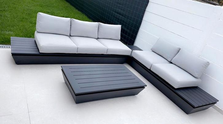 Loungeset Jati & Kebon, Tuin en Terras, Tuinsets en Loungesets, Zo goed als nieuw, Loungeset, Aluminium, 5 zitplaatsen, Bank, Bijzettafel