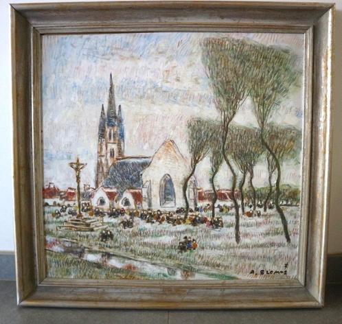 Alfons BLOMME, geanimeerd Bretoens landschap met kerk, Antiek en Kunst, Kunst | Schilderijen | Klassiek, Ophalen of Verzenden