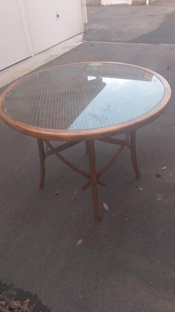 Belle table à manger bois courbé plateau rotin canné + verre, Maison & Meubles, Tables | Tables à manger, Verre, Enlèvement