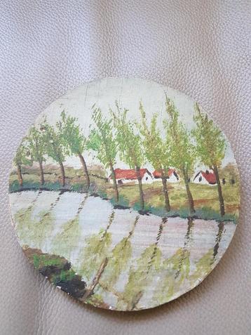 Klein rond oud schilderijtje op hout beschikbaar voor biedingen