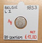 20 CENTIEM 1853    LEOPOLD I    BELGIE     ZILVER    € 12,50, Timbres & Monnaies, Monnaies | Belgique, Argent, Enlèvement ou Envoi