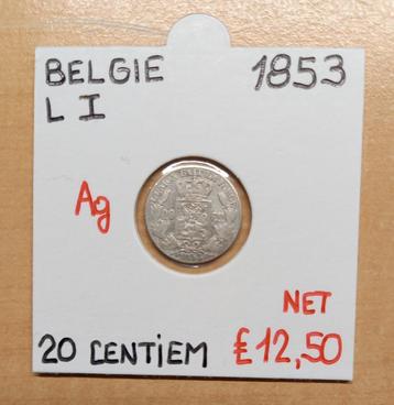 20 CENTIEM 1853    LEOPOLD I    BELGIE     ZILVER    € 12,50