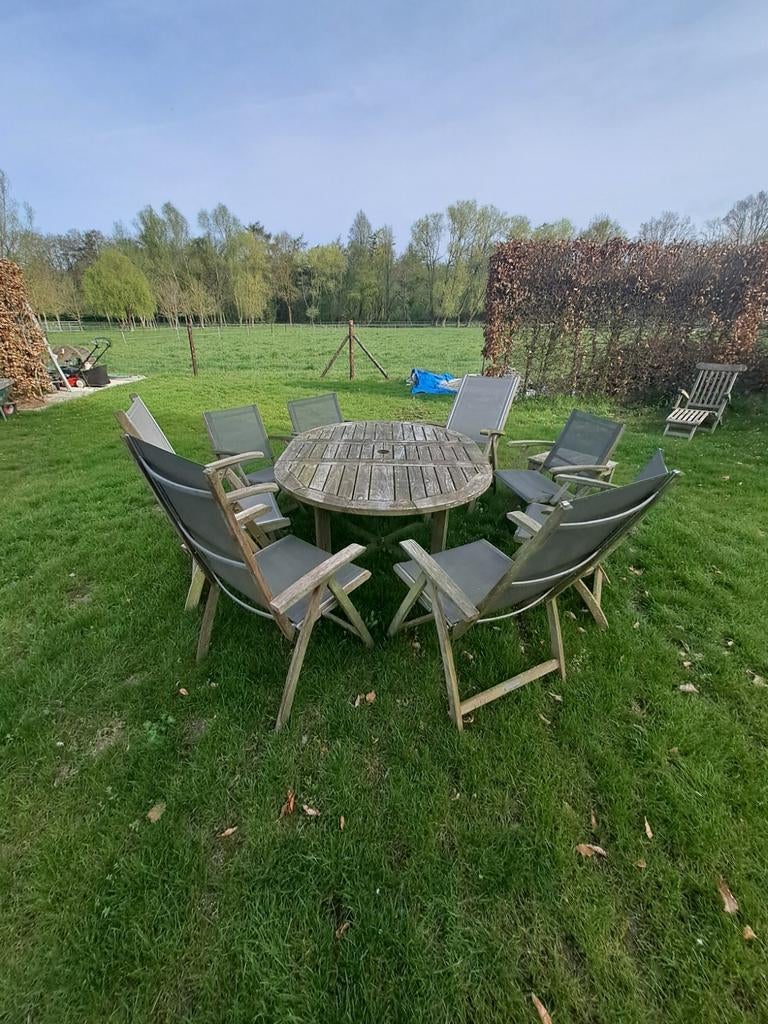 Houten tuinset 8 stoelen, tafel en bijzet tafel, Jardin & Terrasse, Ensembles de jardin, Enlèvement, Chaise, Salons de jardin