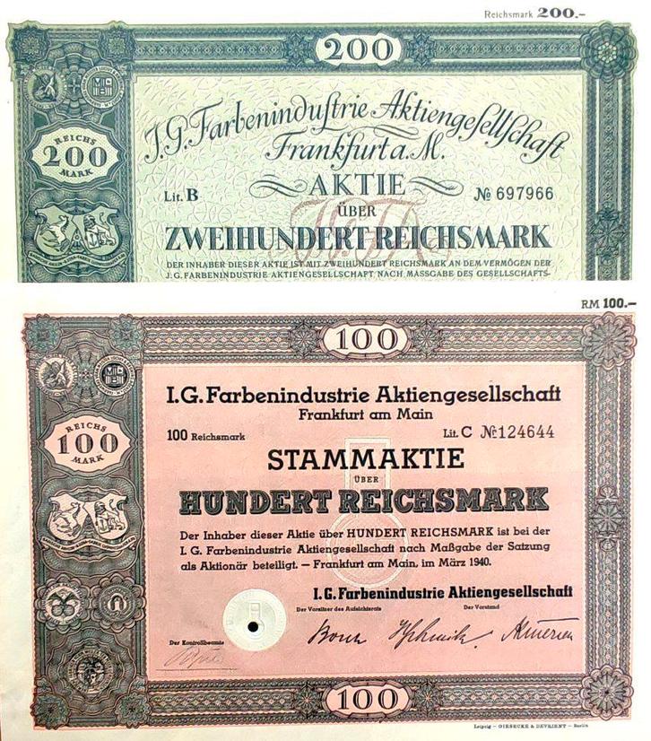 2X Originele IG FARBEN (Zyklon B) aandelen 1925 & 1940, Collections, Objets militaires | Seconde Guerre mondiale, Autres, Enlèvement ou Envoi