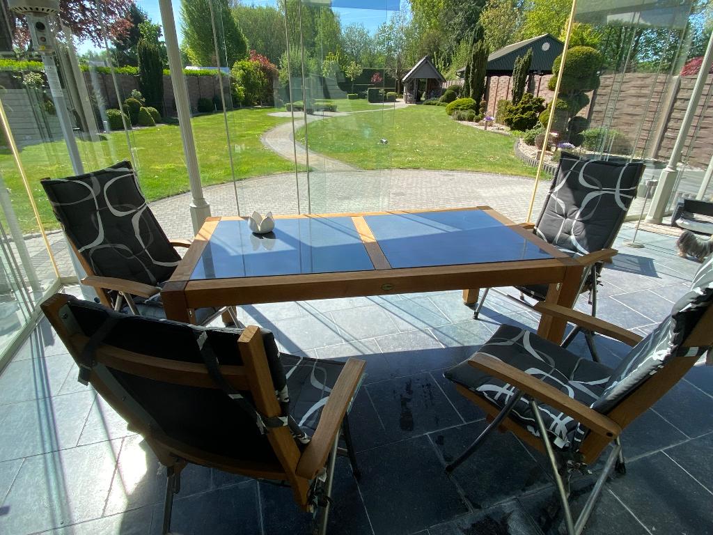 Terras tafel met 4 stoelen en 2 voet bankje, Jardin & Terrasse, Ensembles de jardin, Chaise, Salons de jardin, Comme neuf, Enlèvement