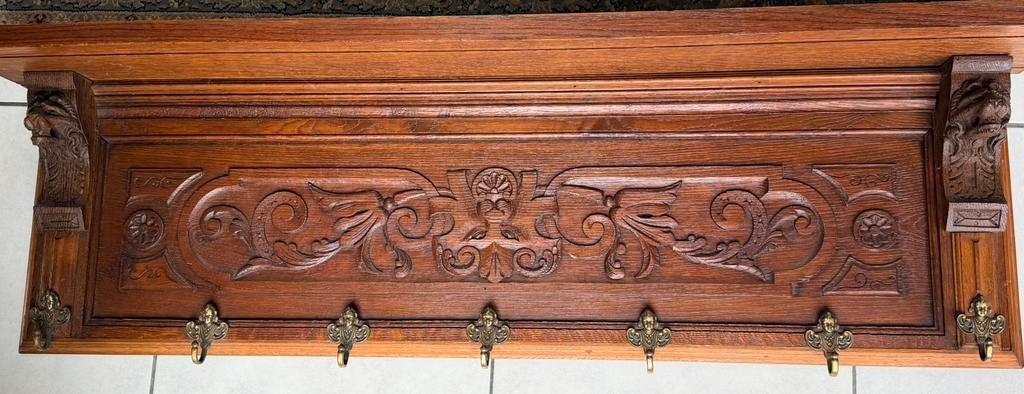 Antieke kapstok met houtsnijwerk, Huis en Inrichting, Ophalen, Gebruikt, Hout, Wandkapstok