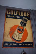 rare plaque tole gulf 1938 bidon huile conique, Collections, Enlèvement ou Envoi, Utilisé, Panneau publicitaire