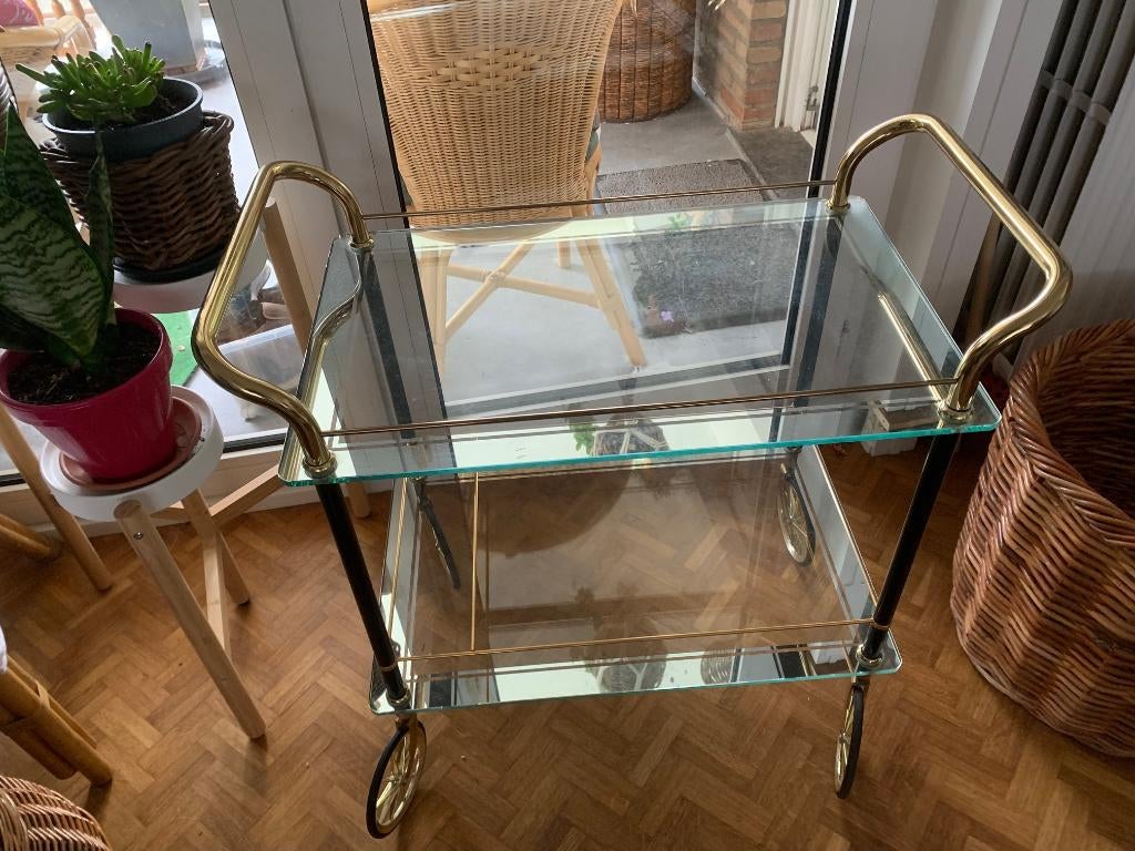 Table roulante (desserte) vintage - métal doré et verre, Antiquités & Art, Enlèvement