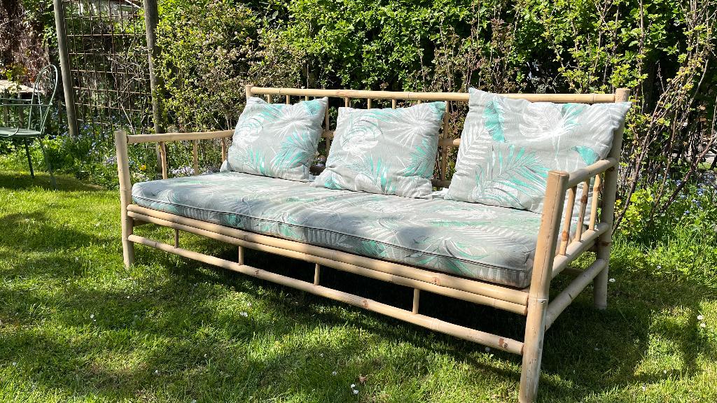 Bamboo tuinzetel / loungezetel met kussens, Ophalen, Zo goed als nieuw, Overige materialen