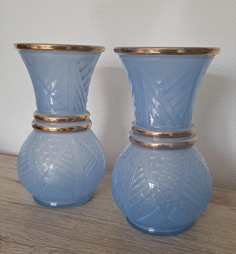 Paire de vases opaline de foire bleu Art Déco, Antiquités & Art, Enlèvement ou Envoi