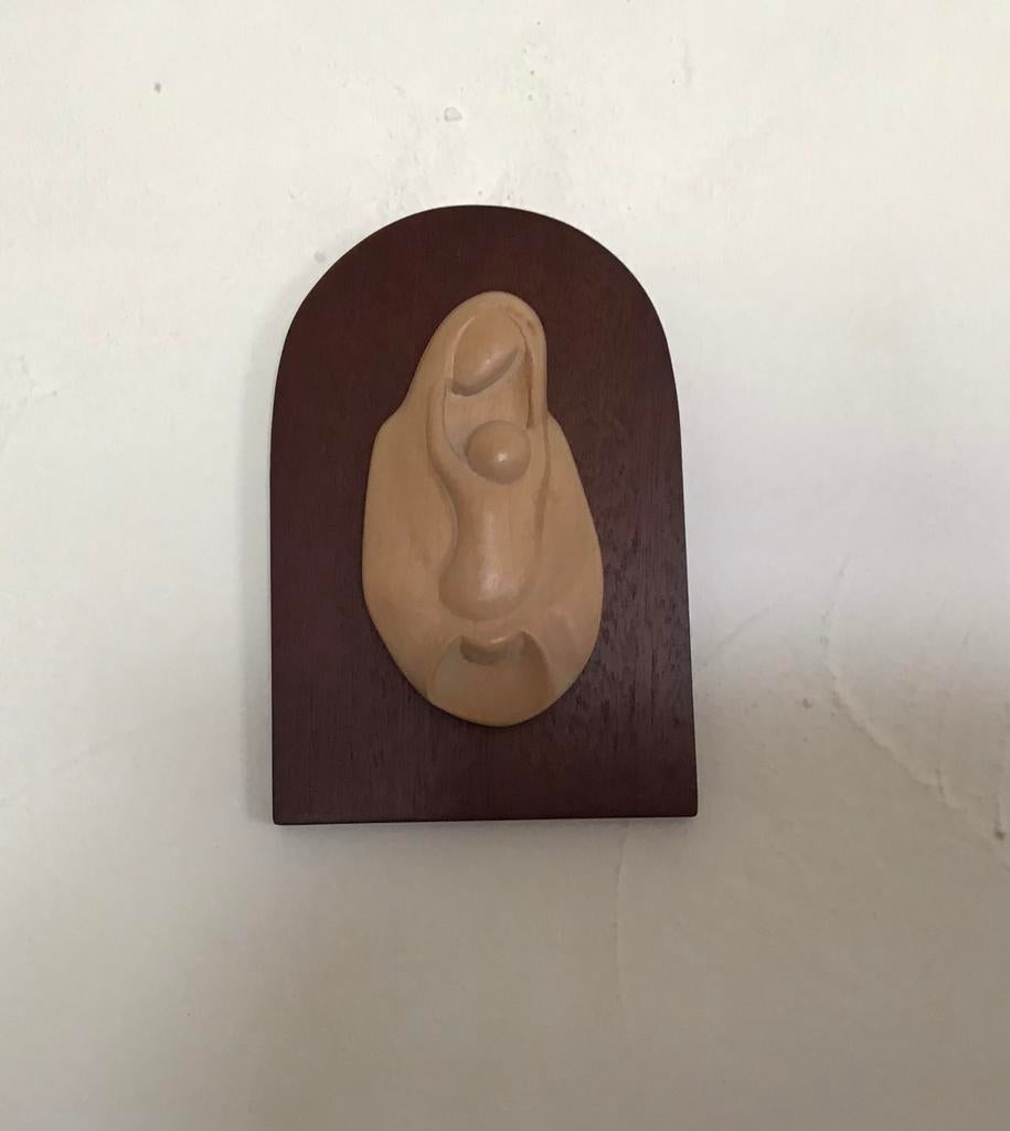 Vintage houten wandbeeld basrelief heilige Maria met Jezus, Ophalen of Verzenden