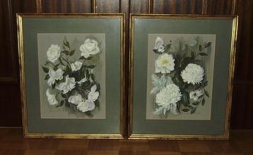 2 Schilderijen met varia bloemen , plakkaatverf , gemerkt, Enlèvement