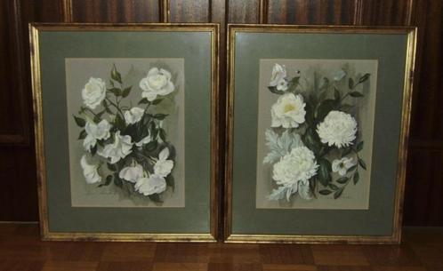 2 Schilderijen met varia bloemen , plakkaatverf , gemerkt, Antiquités & Art, Art | Peinture | Classique, Enlèvement