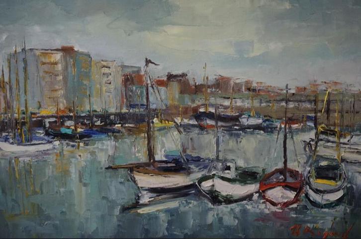 Theo Bogaert (1915-2000): Vissershaven (77 x 67 cm, Antiquités & Art, Art | Peinture | Classique, Enlèvement ou Envoi