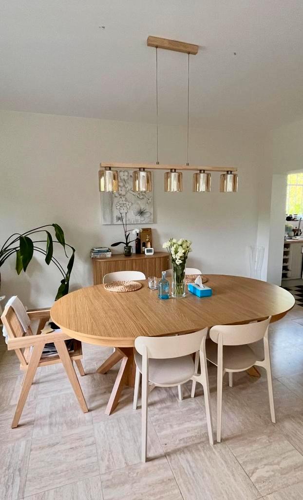 Uitbreidbare eettafel — massief eikenhout, Huis en Inrichting, Tafels | Eettafels, Zo goed als nieuw, Vijf personen of meer, Rond