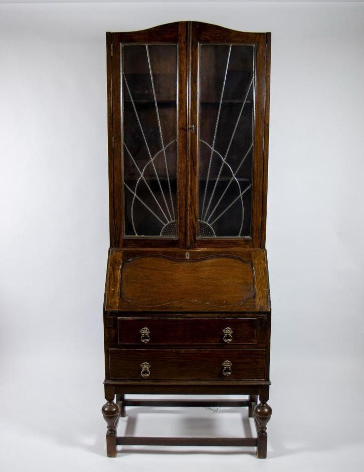 Eiken vitrinekast met secretaire, Antiek en Kunst, Antiek | Meubels | Kasten, Ophalen of Verzenden