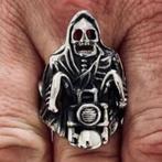 Stoere RVS biker ring Pietje de Dood op motorfiets, Ophalen of Verzenden, Nieuw, IJzer of Staal