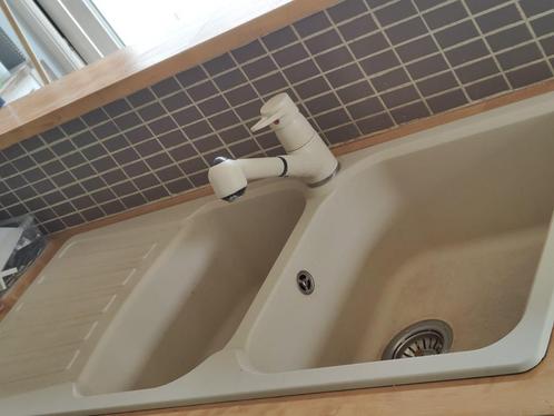 Dubbele Opbouw spoelbak beige/creme met kraan, Huis en Inrichting, Keuken | Keukenelementen, Zo goed als nieuw, 100 tot 150 cm