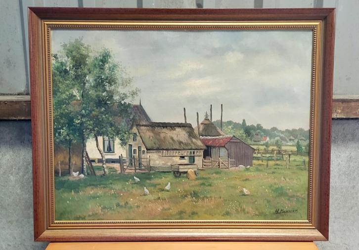 Antieke schilderij - Een boerenhoeve met kippen, Antiek en Kunst, Kunst | Schilderijen | Klassiek, Ophalen of Verzenden