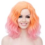 Pruik duo-color schouderlang met golfjes kleuren roze oranje, Envoi, Neuf