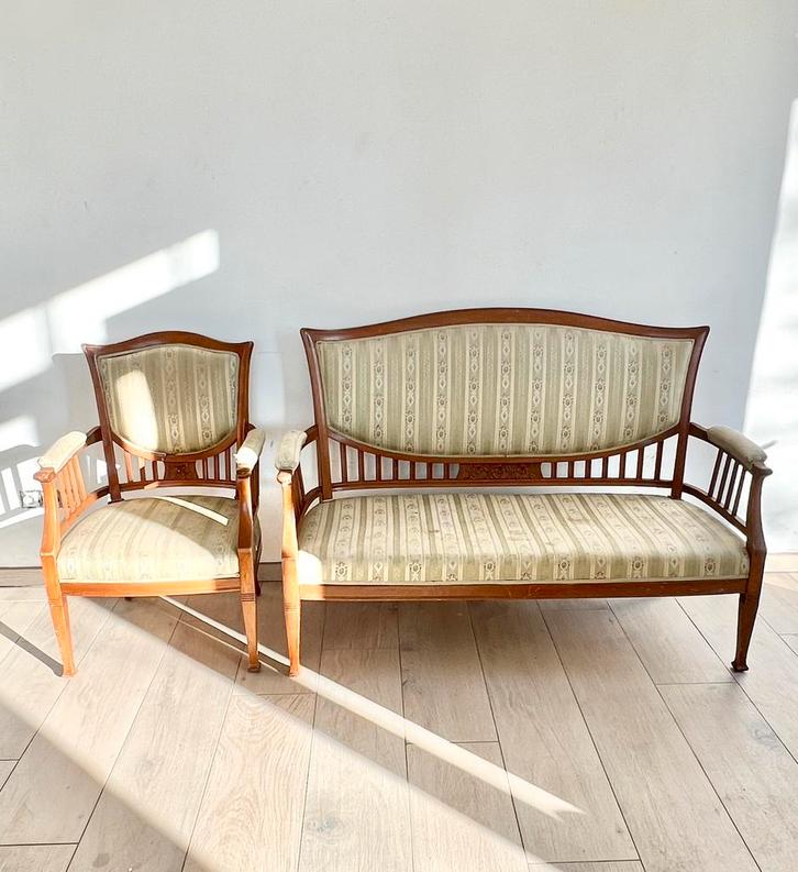 Art Nouveau driezitsbank en zetel, Antiek en Kunst, Antiek | Meubels | Stoelen en Sofa's, Ophalen