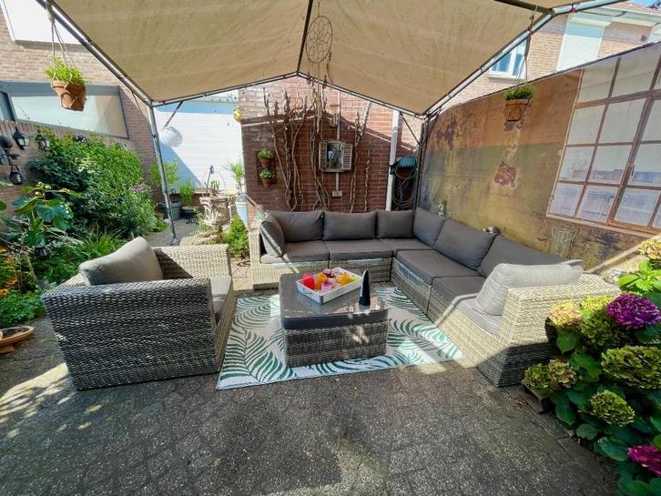 Uitgebreide loungeset met overkapping en kussenbox, Tuin en Terras, Tuinsets en Loungesets, Gebruikt, Loungeset, Wicker, 6 zitplaatsen