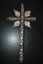 Reliekschrijn oud houten kruis 30 cm ingelegd met parelmoer, Antiek en Kunst, Ophalen of Verzenden