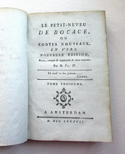 Antiek boek Le Petit-neveu de Bocace ou Contes 3/3 ... 1787, Antiek en Kunst, Antiek | Boeken en Manuscripten, Ophalen of Verzenden