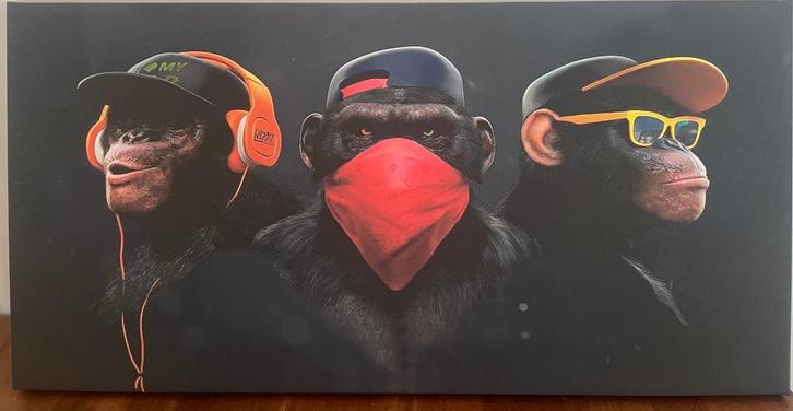 canvas: 3 apen: Horen-Zien-Zwijgen, Huis en Inrichting, Woonaccessoires | Wanddecoraties, Zo goed als nieuw, Ophalen