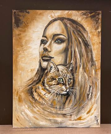 Vrij groot schilderij dame met kat Mk Art beschikbaar voor biedingen