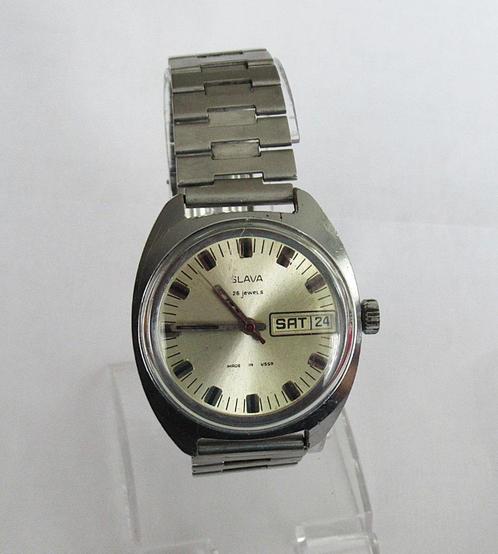 Vintage SLAVA mechanisch horloge met kalender, USSR 1970s., Handtassen en Accessoires, Horloges | Antiek, Ophalen of Verzenden