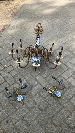 Prachtige antieke koperen luster met Delfts blauw, Ophalen, Gebruikt