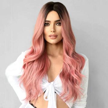 Pruik lang roze haar met slagen zonder pony Paloma disponible aux enchères