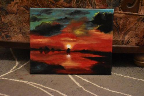 Zonsondergang schilderij op rood, gesigneerd Joky Kamo, Antiek en Kunst, Kunst | Schilderijen | Modern, Ophalen