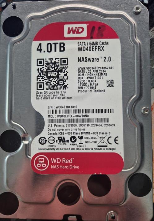WD RED 4 TB (harde schijf, harddisk), Computers en Software, Harde schijven, Gebruikt, Intern, HDD, SATA, Ophalen
