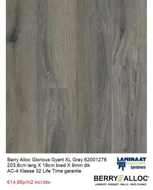 Laminaat Long Plank Glorious XL Gyant Grey 9mm dik €14,95m2, Huis en Inrichting, Stoffering | Vloerbedekking, Nieuw, Laminaat