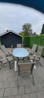 Terrastafel ovalen glazen blad met 6 stoelen, Tuin en Terras, Ophalen, Gebruikt, 6 zitplaatsen, Tuinset