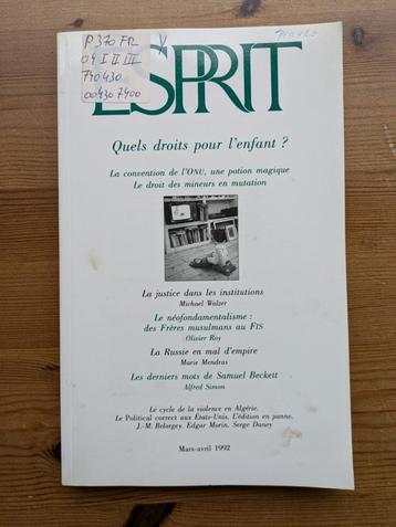 Revue Esprit Mars-avril 1992, Quels droits pour l'enfant ? beschikbaar voor biedingen