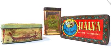 Set 3 oude blikken – Halva, Cacao Poulain & Venetiaans taf.. beschikbaar voor biedingen