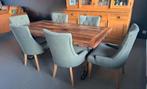 „Maison du Monde” tafel+set van 6 taupe gestoffeerde stoelen, Huis en Inrichting, Gebruikt