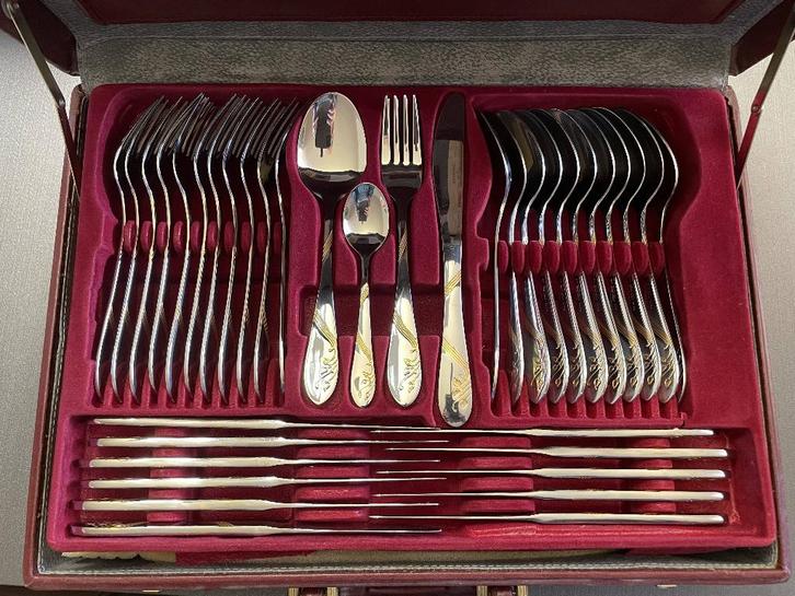 Vintage bestek Solingen Modell Exclusiv verguld, in koffer, Huis en Inrichting, Keuken | Bestek, Zo goed als nieuw, Bestekset