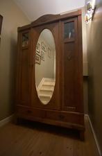 Antieke houten kleerkast met spiegel en 2 lades, Huis en Inrichting, Ophalen, Gebruikt, 100 tot 150 cm, 200 cm of meer