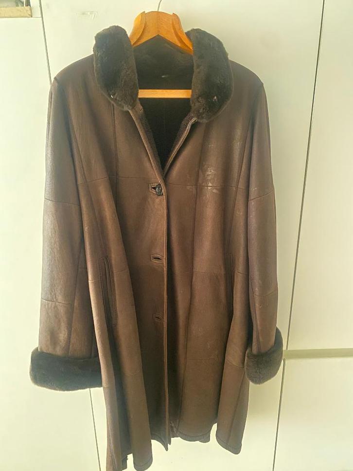 Lederen damesmantel met luxueuze kraag, Kleding | Dames, Jassen | Winter, Gedragen, Maat 42/44 (L), Bruin, Ophalen