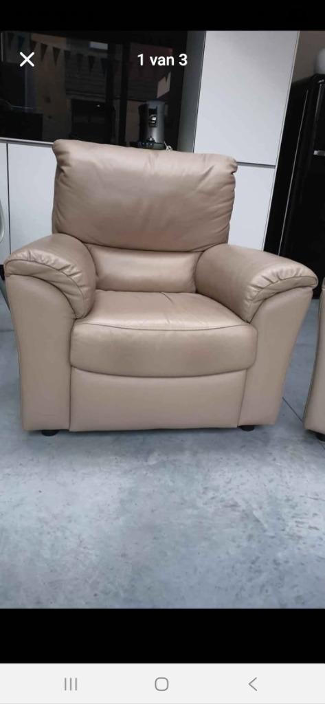 Zetel 2 zit en 1 zit in beige leder, Huis en Inrichting, Zetels | Zetels, Gebruikt, Rechte bank, Tweepersoons, Leer, Ophalen