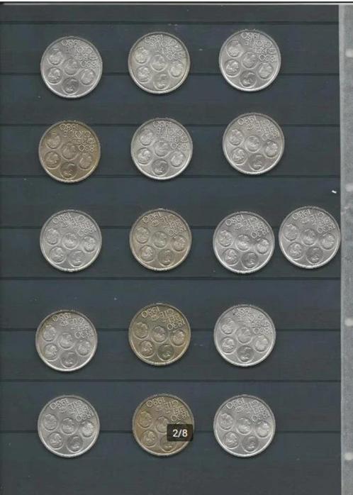 16 herdenkingsmunten van 500 BEF uit 1980, Postzegels en Munten, Munten | België, Setje, Zilver, Zilver, Verzenden