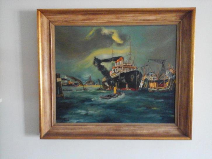 MOOI OUD OLIE VERF SCHILDERIJ OP DOEK " HAVENZICHT  ", Antiek en Kunst, Kunst | Schilderijen | Klassiek, Ophalen