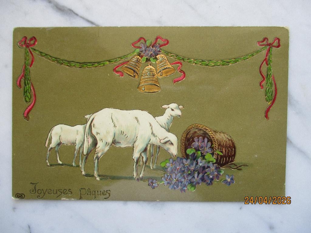 Pasen schapen mand bloemen klokken 1909, Verzamelen, Verzenden, Voor 1920, Gelopen, Feest(dag)